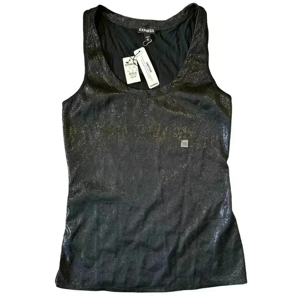 NWT Women's Express Black Glitter Metallic Sparkle Crew Neck Tank Top Size XS